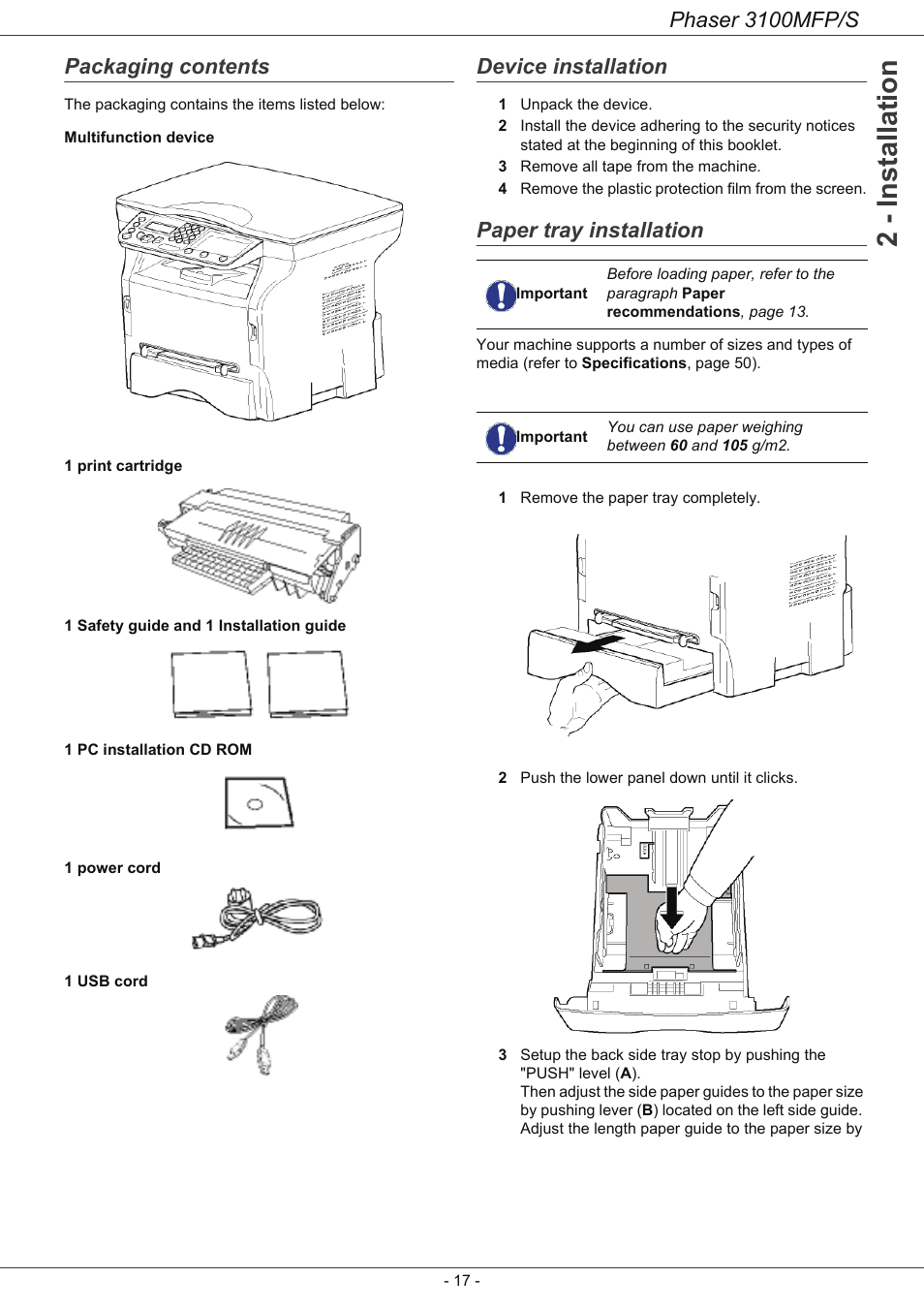 Packaging contents, Device installation, Paper tray installation | 2 - installation, Phaser 3100mfp/s | Xerox Phaser 3100MFP/S User Manual | Page 21 / 56