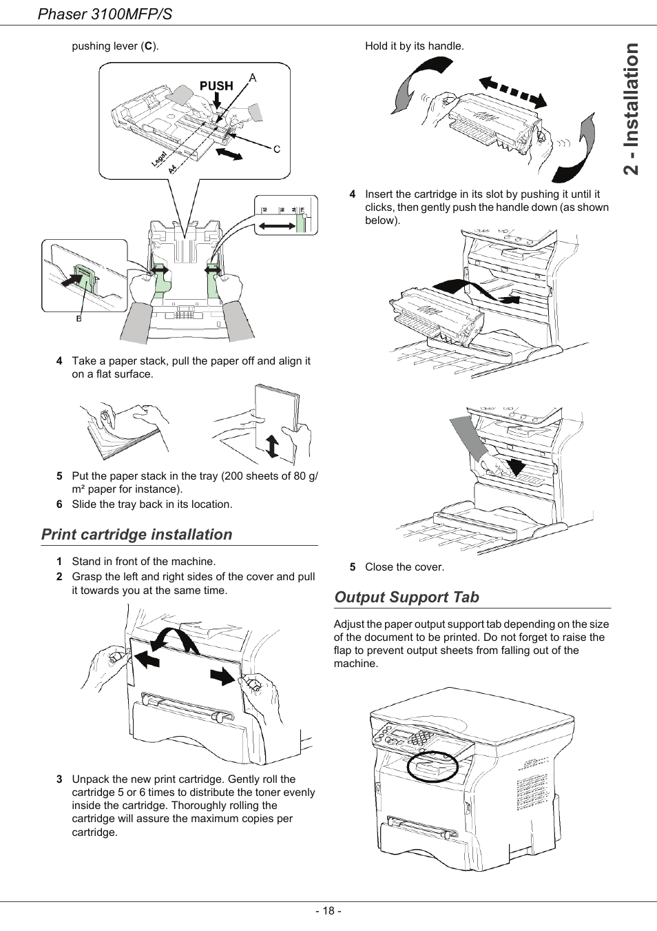 Print cartridge installation, Output support tab, 2 - installation | Phaser 3100mfp/s | Xerox Phaser 3100MFP/S User Manual | Page 22 / 56