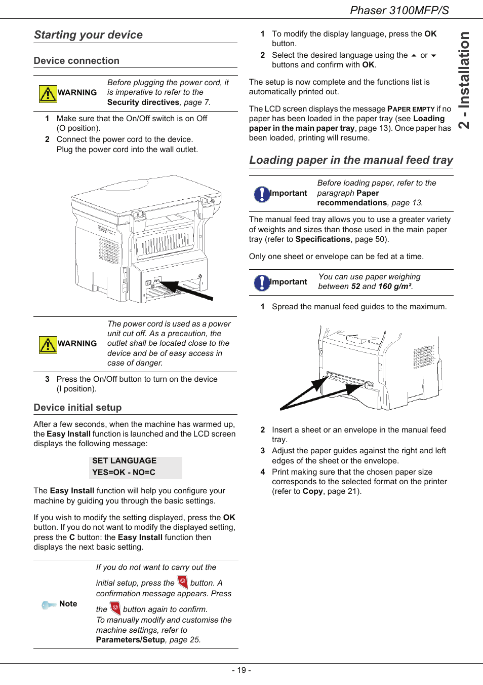 Starting your device, Device connection, Device initial setup | Loading paper in the manual feed tray, 2 - installation, Phaser 3100mfp/s | Xerox Phaser 3100MFP/S User Manual | Page 23 / 56