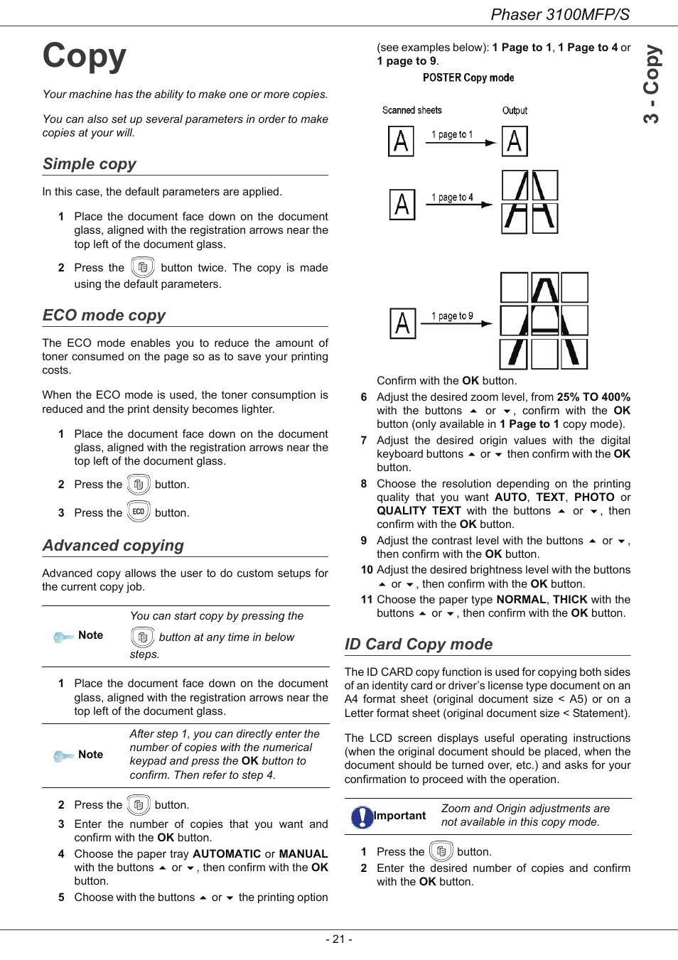 Copy, Simple copy, Eco mode copy | Advanced copying, Id card copy mode, Copy 21, 3 - co py, Phaser 3100mfp/s | Xerox Phaser 3100MFP/S User Manual | Page 25 / 56