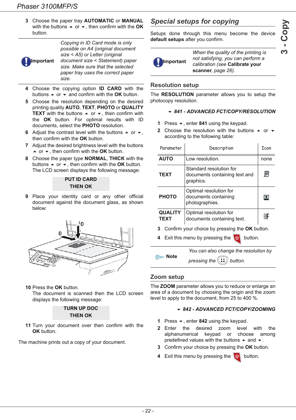 Special setups for copying, Resolution setup, Zoom setup | 3 - co py, Phaser 3100mfp/s | Xerox Phaser 3100MFP/S User Manual | Page 26 / 56