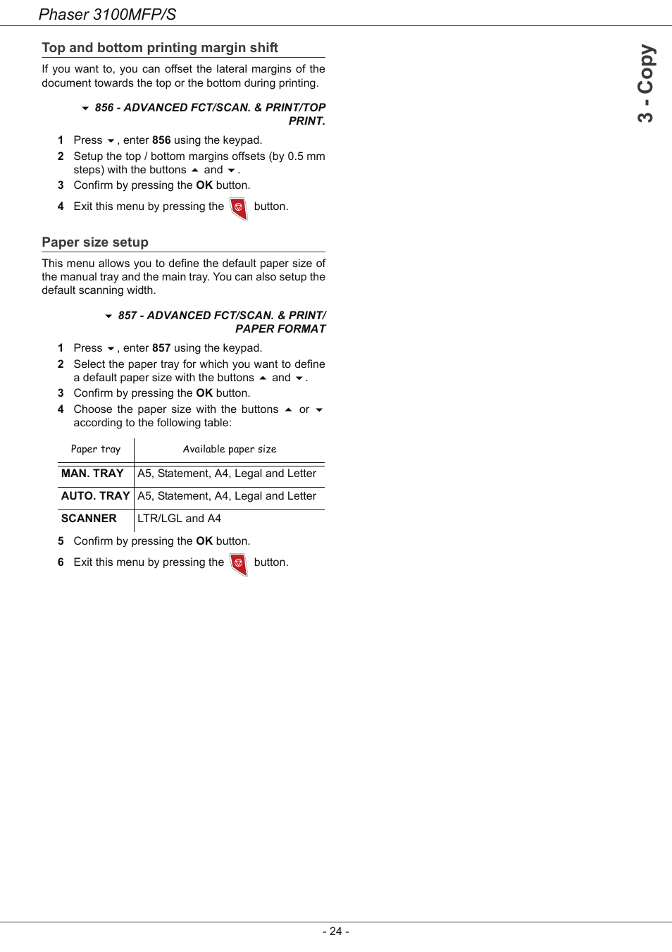 Top and bottom printing margin shift, Paper size setup, 3 - co py | Phaser 3100mfp/s | Xerox Phaser 3100MFP/S User Manual | Page 28 / 56