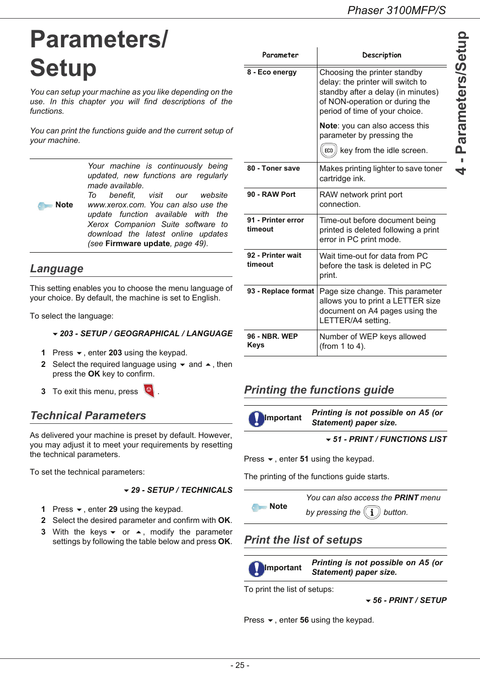 Parameters/ setup, Language, Technical parameters | Printing the functions guide, Print the list of setups, Parameters/setup 25, Language 25 technical parameters, 4 - parameters/setup, Phaser 3100mfp/s | Xerox Phaser 3100MFP/S User Manual | Page 29 / 56