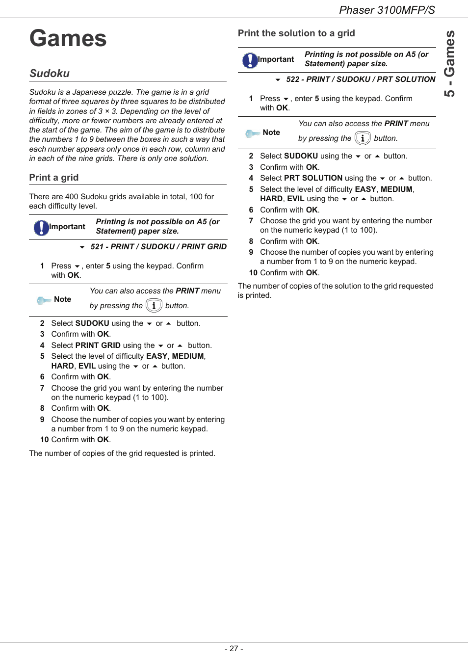 Games, Sudoku, Print a grid | Print the solution to a grid, Games 27, Sudoku 27, 5 - games, Phaser 3100mfp/s | Xerox Phaser 3100MFP/S User Manual | Page 31 / 56