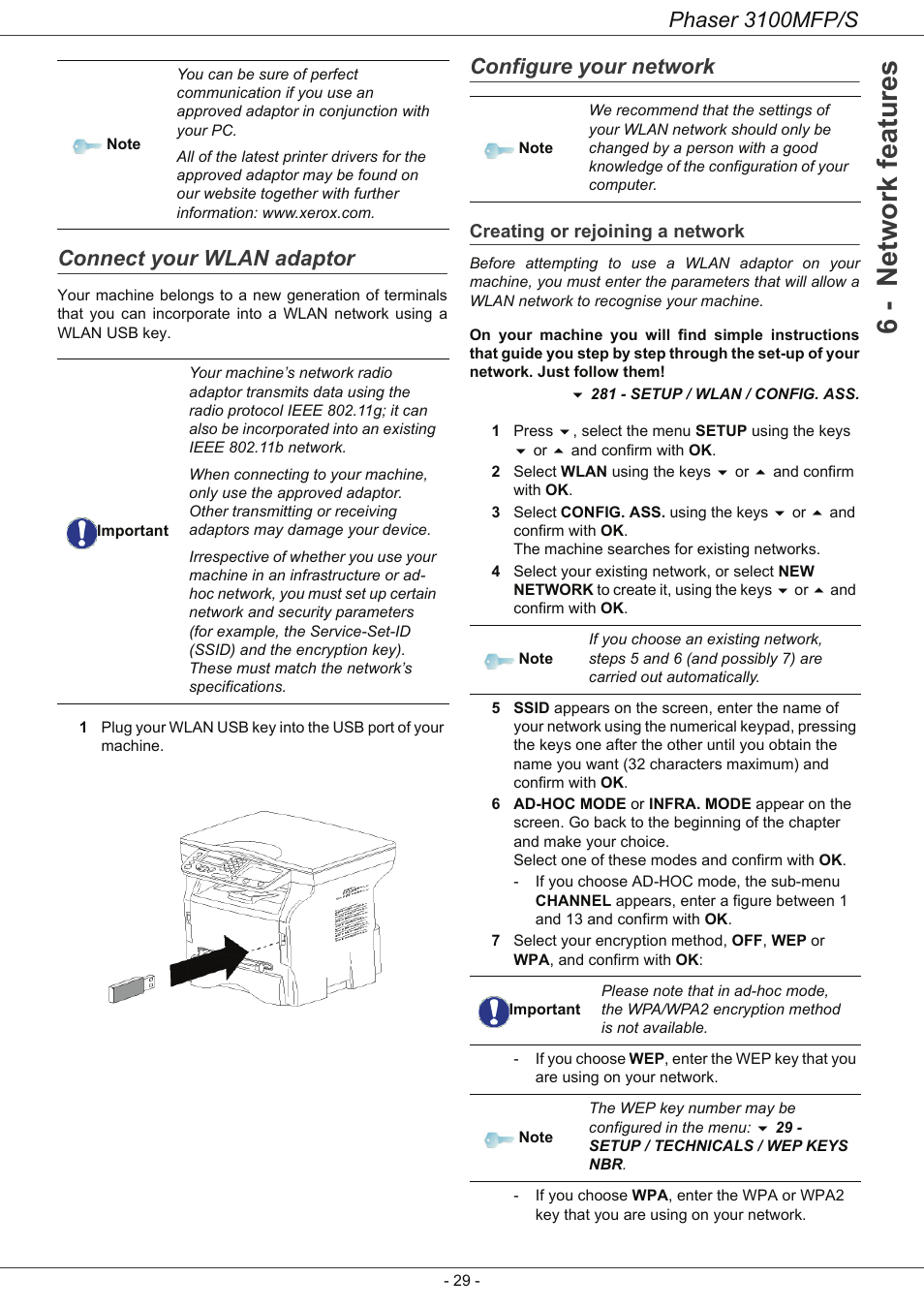 Connect your wlan adaptor, Configure your network, Creating or rejoining a network | 6 - network features, Phaser 3100mfp/s | Xerox Phaser 3100MFP/S User Manual | Page 33 / 56