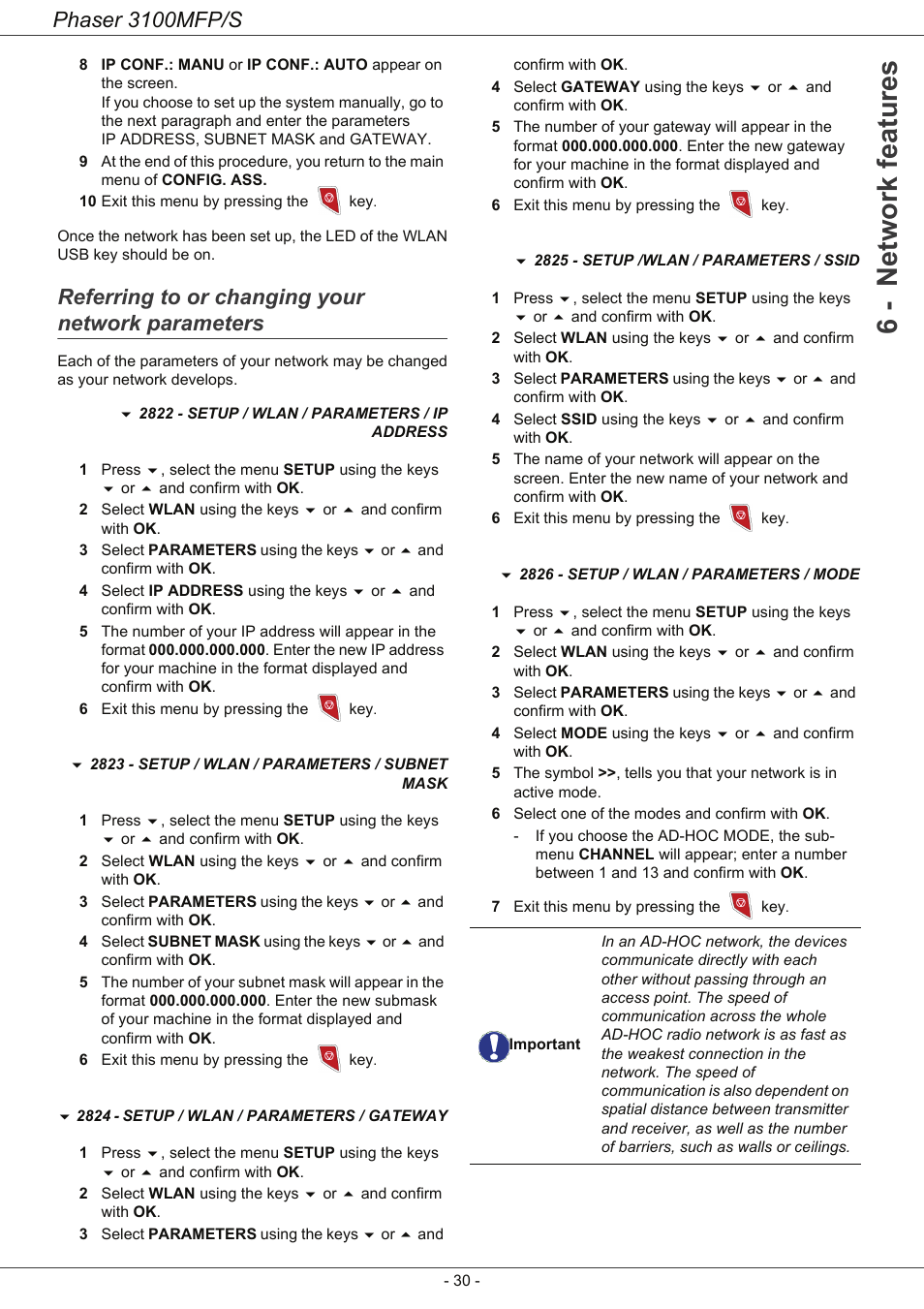 Referring to or changing your network parameters, Referring to or changing your network, Parameters 30 | 6 - network features, Phaser 3100mfp/s | Xerox Phaser 3100MFP/S User Manual | Page 34 / 56
