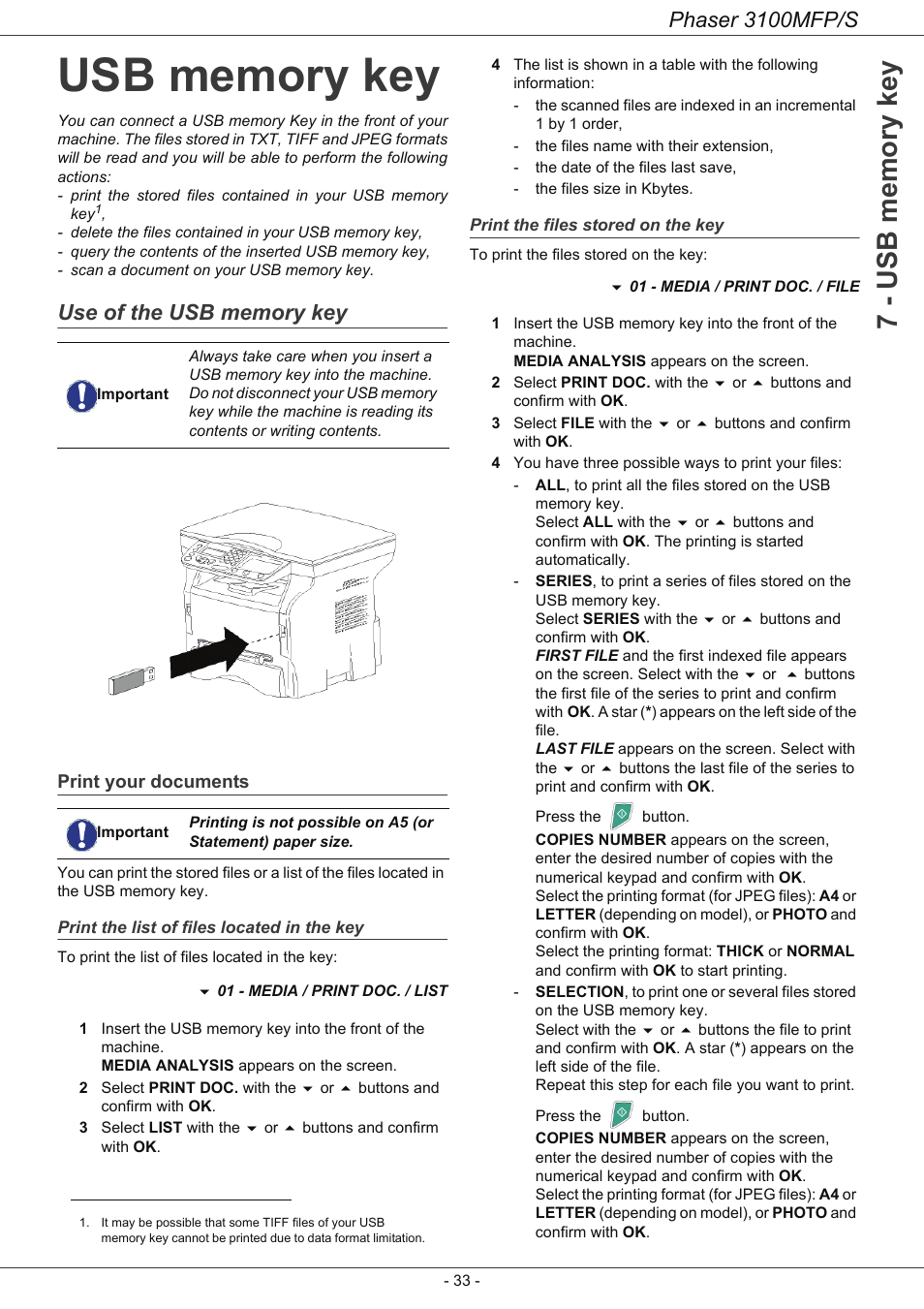 Usb memory key, Use of the usb memory key, Print your documents | Print the list of files located in the key, Print the files stored on the key, Phaser 3100mfp/s | Xerox Phaser 3100MFP/S User Manual | Page 37 / 56