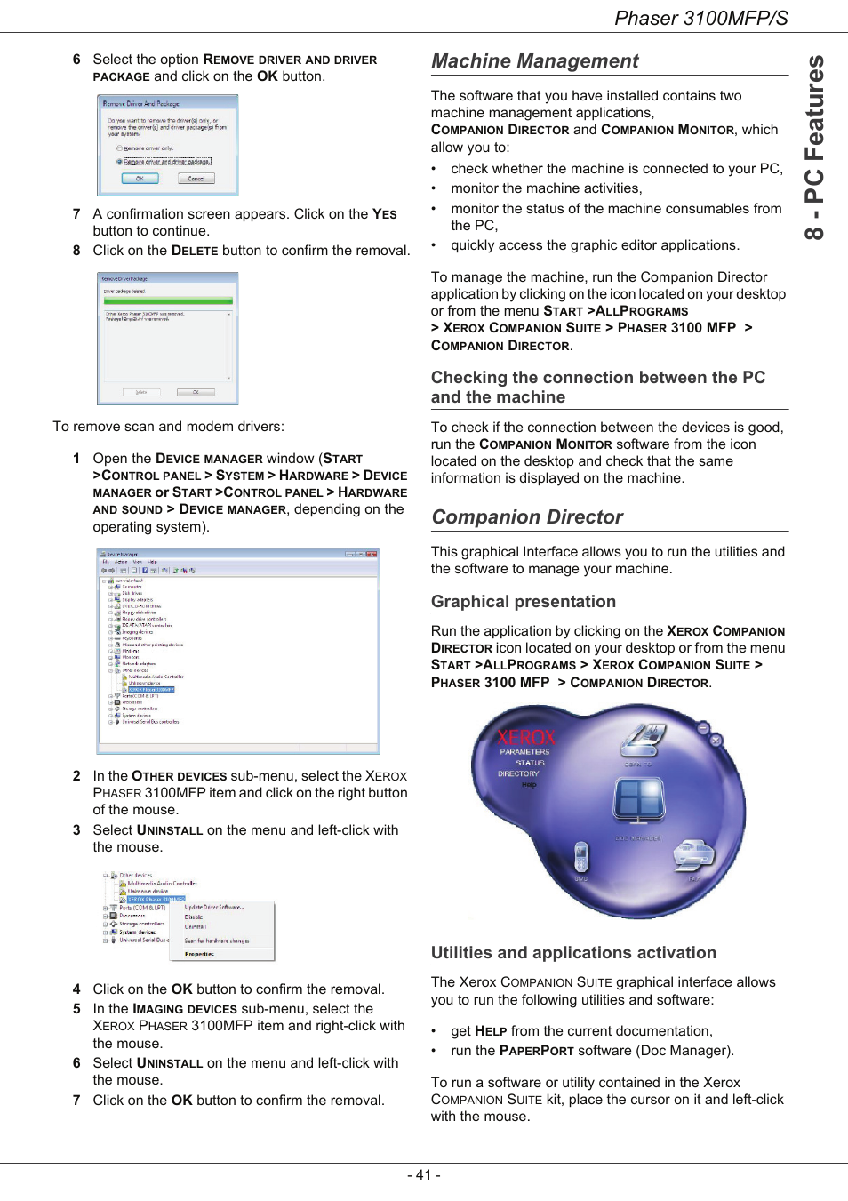 Machine management, Companion director, Graphical presentation | Utilities and applications activation, Checking the connection between the, Pc and the machine, 8 - pc featu res, Phaser 3100mfp/s | Xerox Phaser 3100MFP/S User Manual | Page 45 / 56