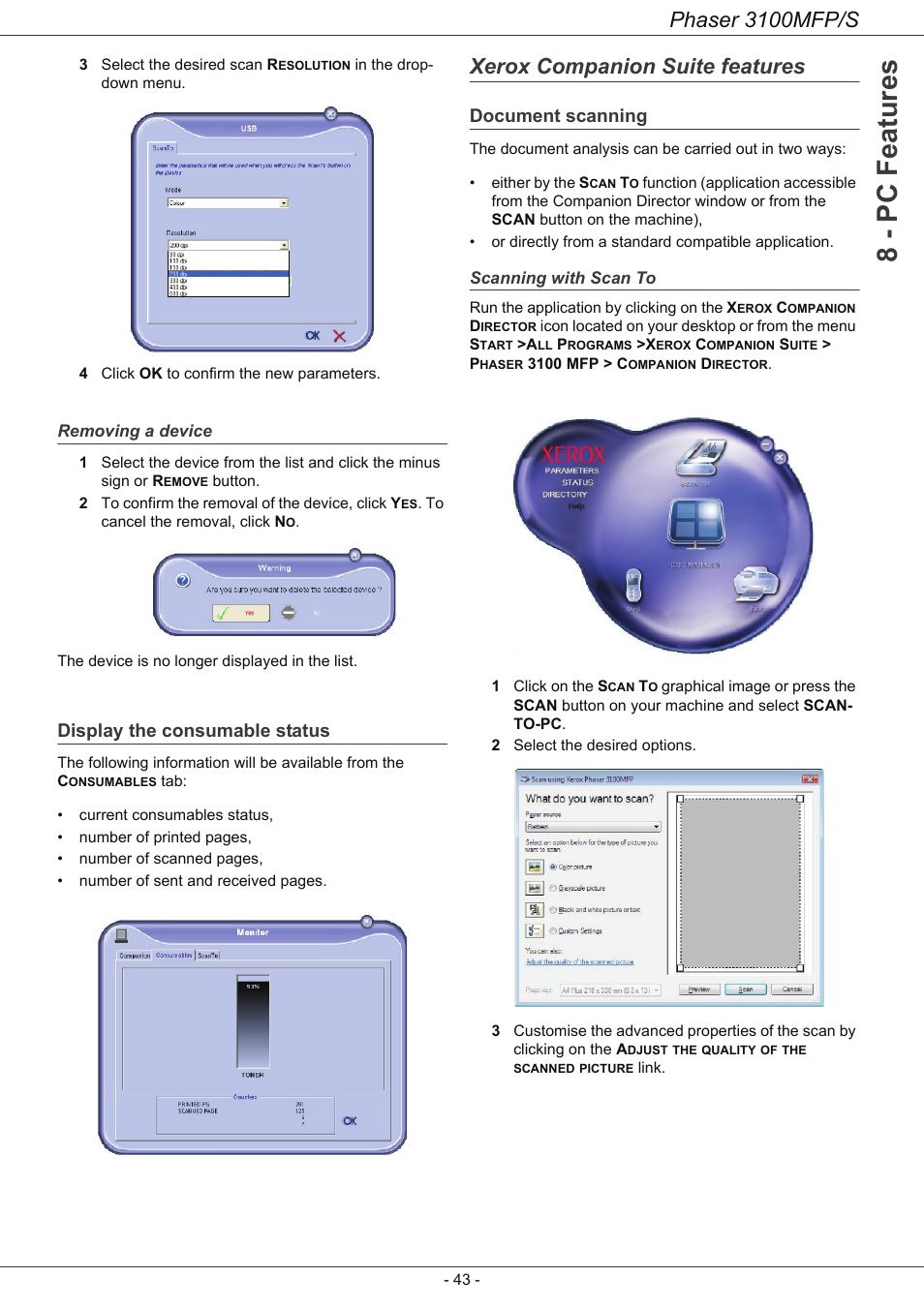 Removing a device, Display the consumable status, Xerox companion suite features | Document scanning, Scanning with scan to, 8 - pc featu res, Phaser 3100mfp/s | Xerox Phaser 3100MFP/S User Manual | Page 47 / 56