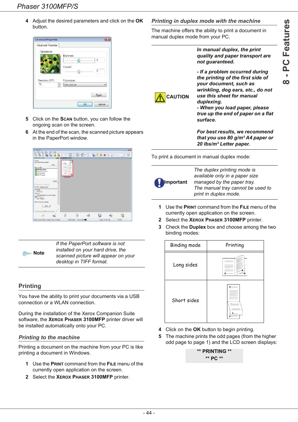 Printing, Printing to the machine, Printing in duplex mode with the machine | Printing 44, 8 - pc featu res, Phaser 3100mfp/s | Xerox Phaser 3100MFP/S User Manual | Page 48 / 56