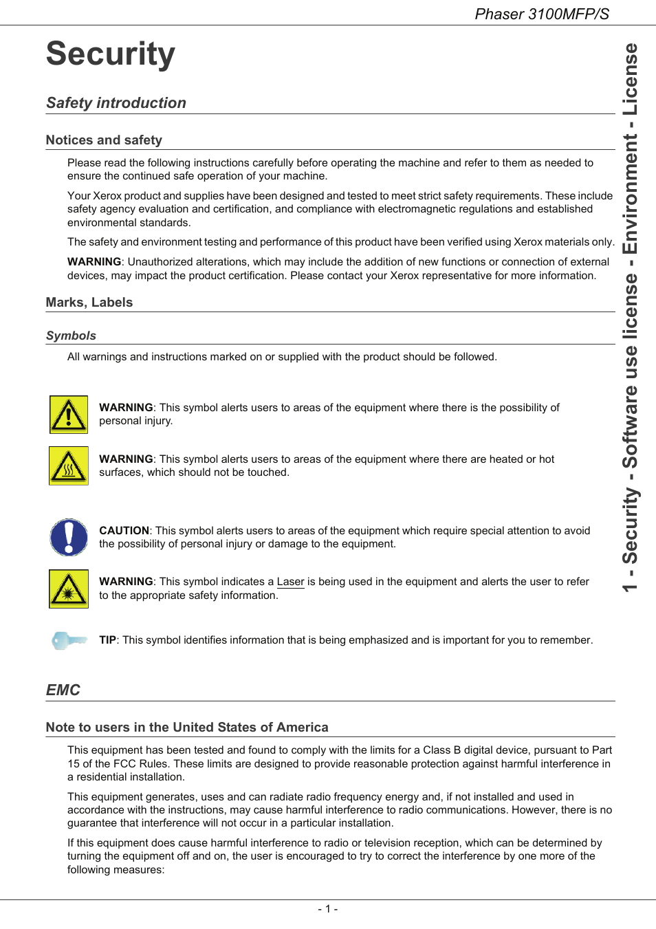 Security, Safety introduction, Notices and safety | Marks, labels, Symbols, Note to users in the united states of america, Security 1, Symbols 1, Emc 1, Note to users in the united states of america 1 | Xerox Phaser 3100MFP/S User Manual | Page 5 / 56