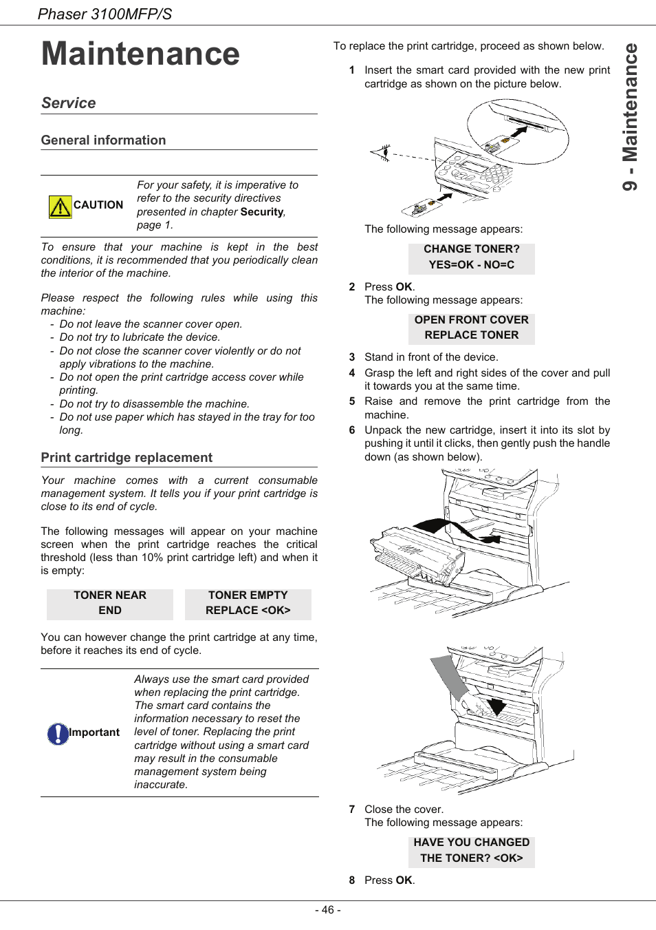 Maintenance, Service, General information | Print cartridge replacement, Maintenance 46, Service 46, 9 - maintenance, Phaser 3100mfp/s | Xerox Phaser 3100MFP/S User Manual | Page 50 / 56