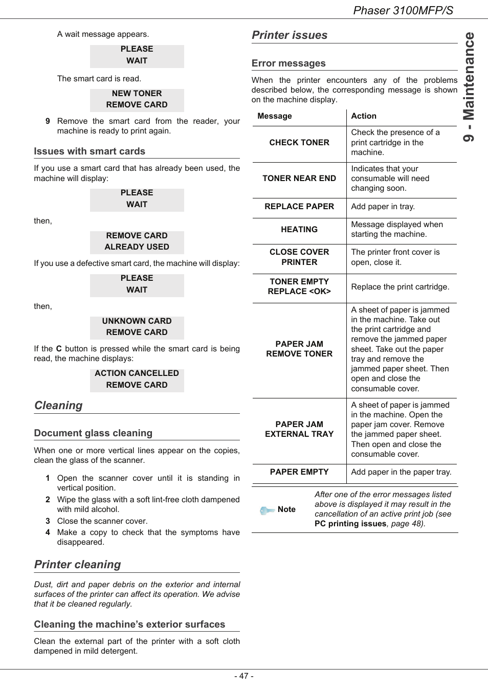 Issues with smart cards, Cleaning, Document glass cleaning | Printer cleaning, Cleaning the machine’s exterior surfaces, Printer issues, Error messages, Cleaning 47, 9 - maintenance, Phaser 3100mfp/s | Xerox Phaser 3100MFP/S User Manual | Page 51 / 56