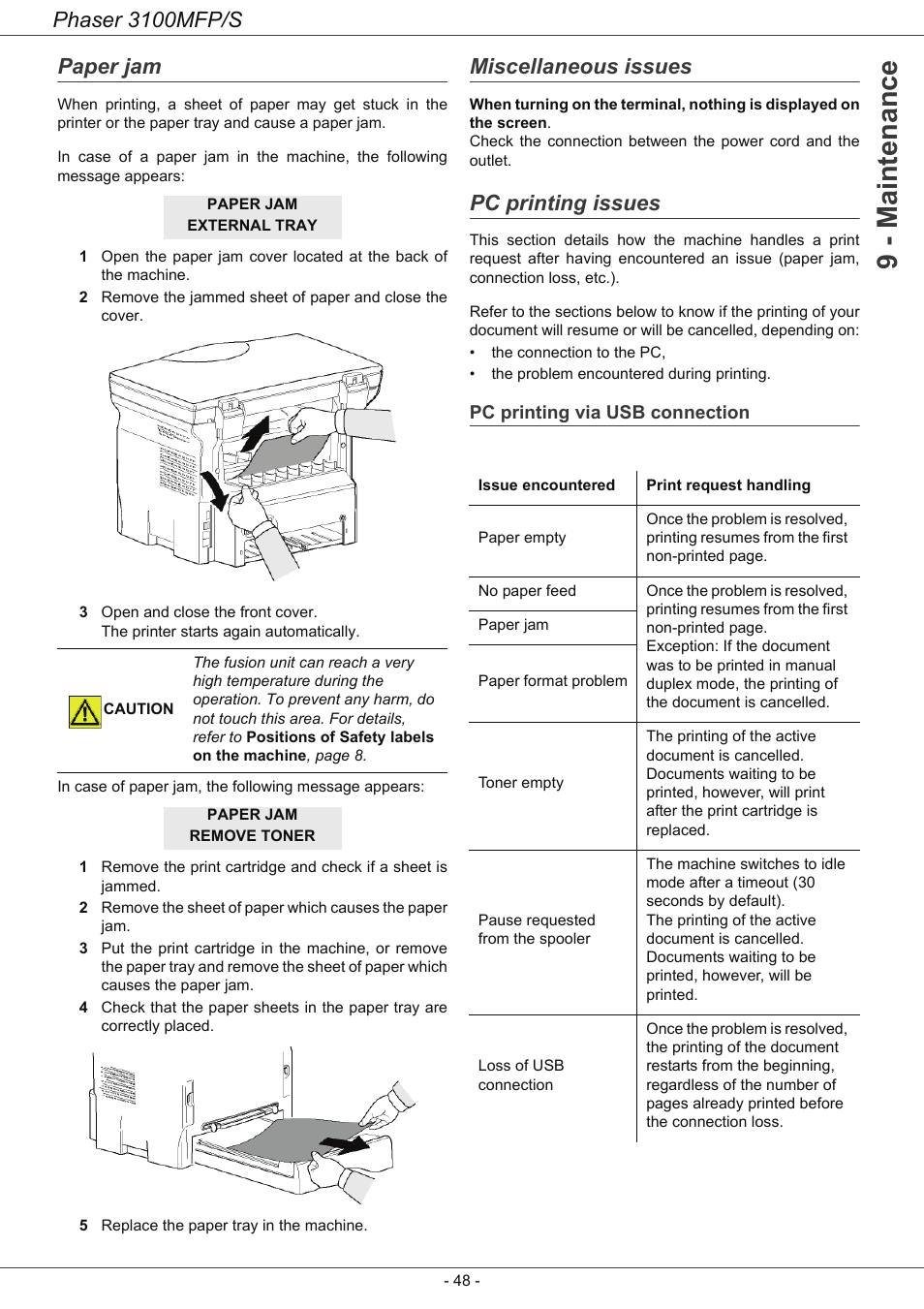 Paper jam, Miscellaneous issues, Pc printing issues | Pc printing via usb connection, 9 - maintenance, Phaser 3100mfp/s | Xerox Phaser 3100MFP/S User Manual | Page 52 / 56