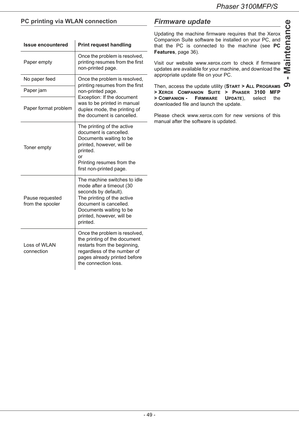 Pc printing via wlan connection, Firmware update, 9 - maintenance | Phaser 3100mfp/s | Xerox Phaser 3100MFP/S User Manual | Page 53 / 56