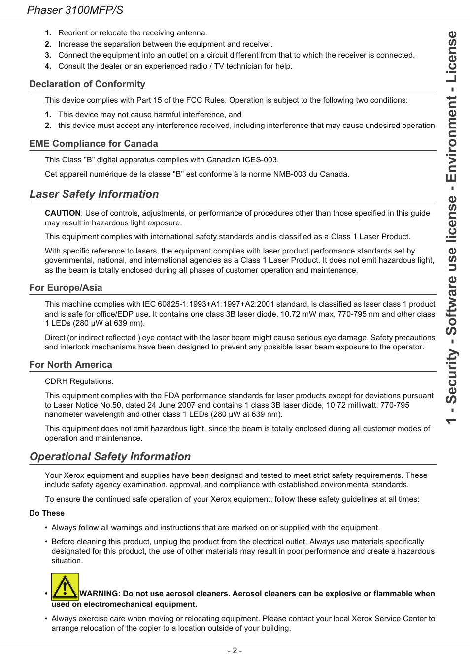 Declaration of conformity, Eme compliance for canada, Laser safety information | For europe/asia, For north america, Operational safety information, Phaser 3100mfp/s | Xerox Phaser 3100MFP/S User Manual | Page 6 / 56