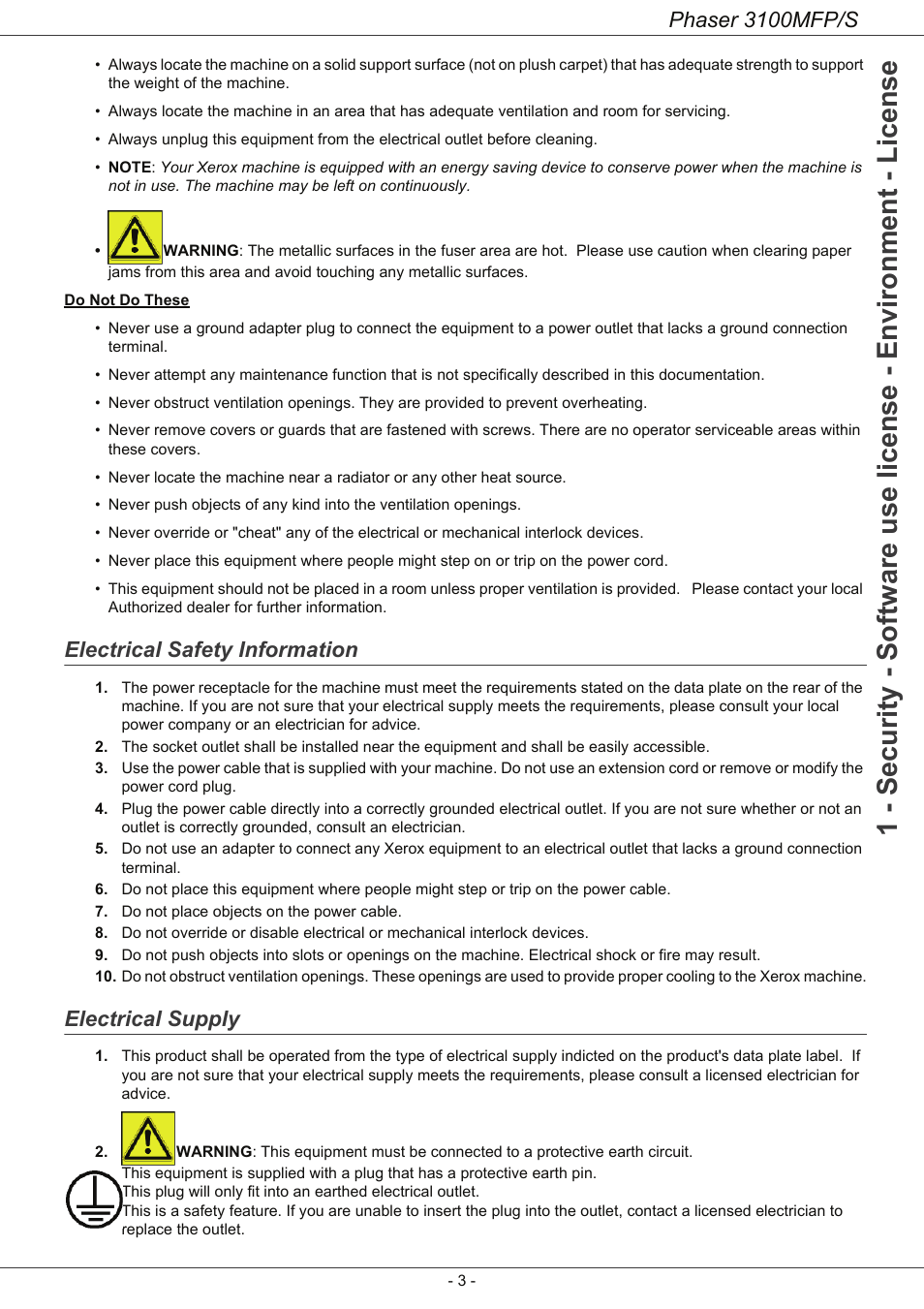 Electrical safety information, Electrical supply, Phaser 3100mfp/s | Xerox Phaser 3100MFP/S User Manual | Page 7 / 56
