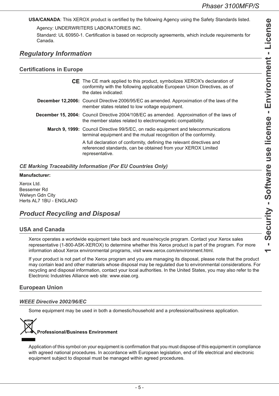 Regulatory information, Certifications in europe, Product recycling and disposal | Usa and canada, European union, Weee directive 2002/96/ec, Regulatory information 5, Phaser 3100mfp/s | Xerox Phaser 3100MFP/S User Manual | Page 9 / 56