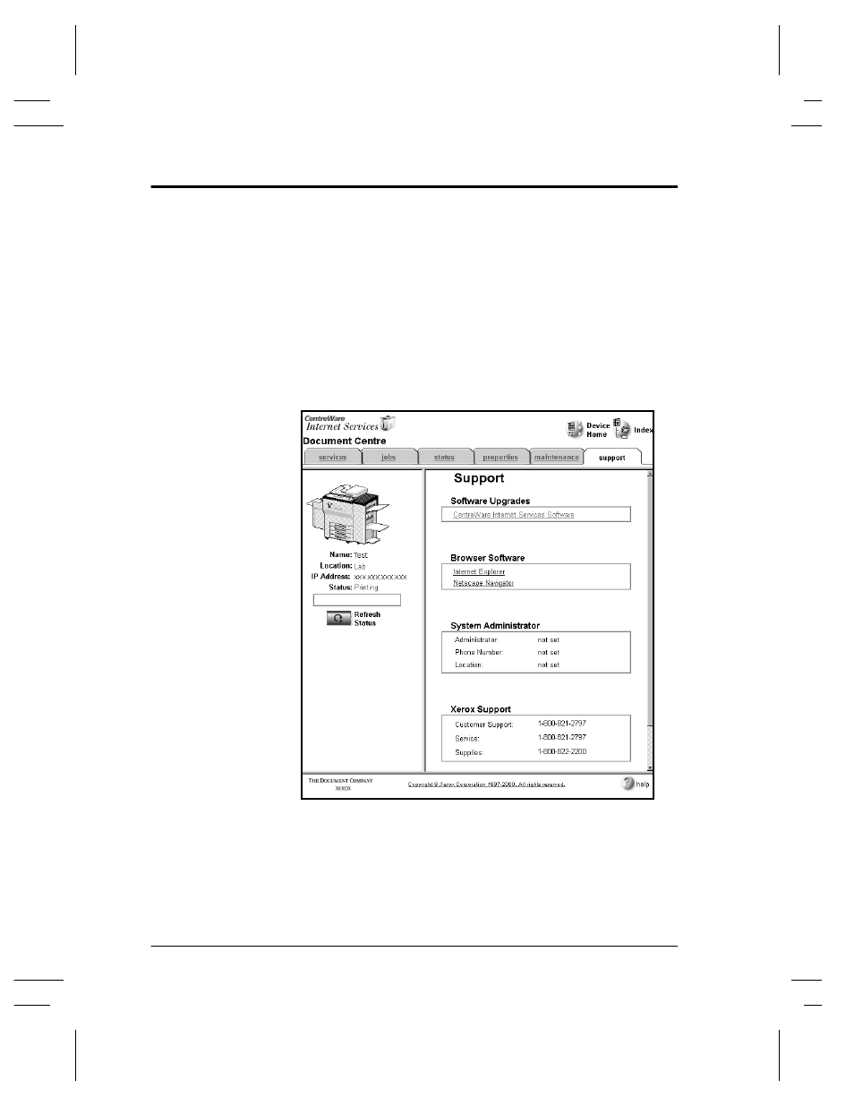 Viewing support information | Xerox 480 ST User Manual | Page 216 / 322