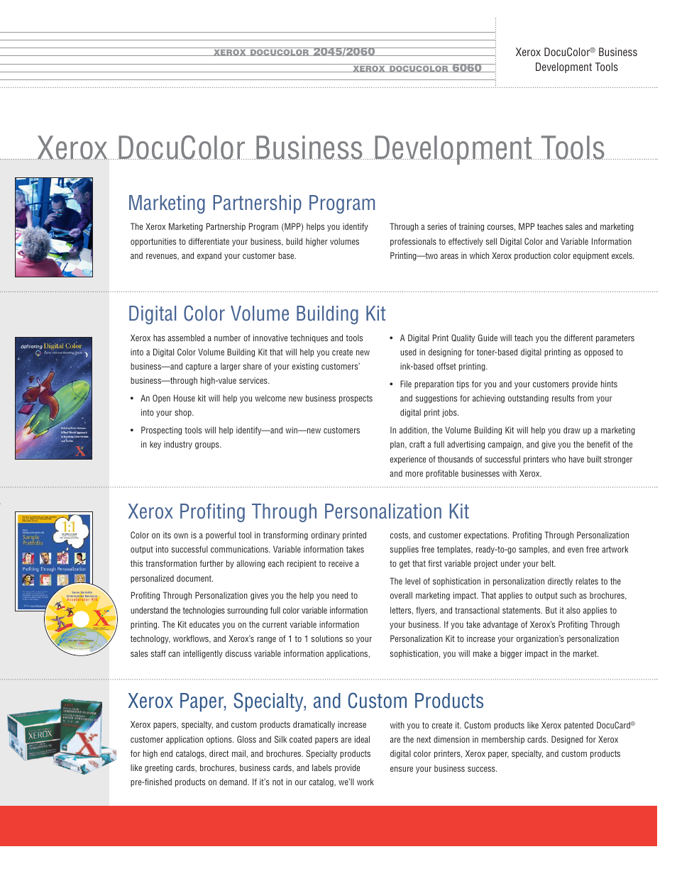 Xerox docucolor business development tools, Xerox paper, specialty, and custom products | Xerox DocuColor 6060 User Manual | Page 3 / 4