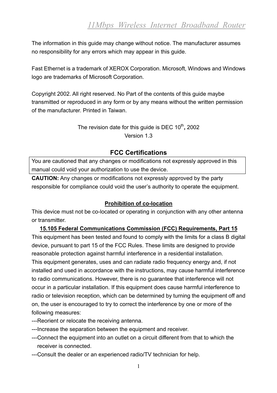 11mbps wireless internet broadband router | Xerox 2314 User Manual | Page 2 / 53