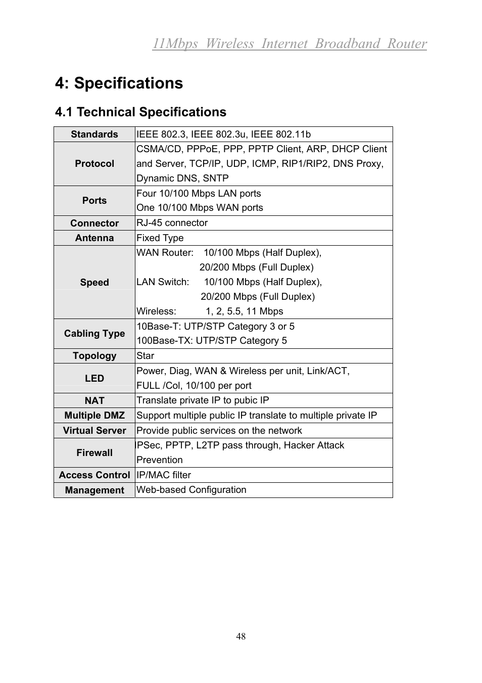 Specifications, 11mbps wireless internet broadband router, 1 technical specifications | Xerox 2314 User Manual | Page 49 / 53