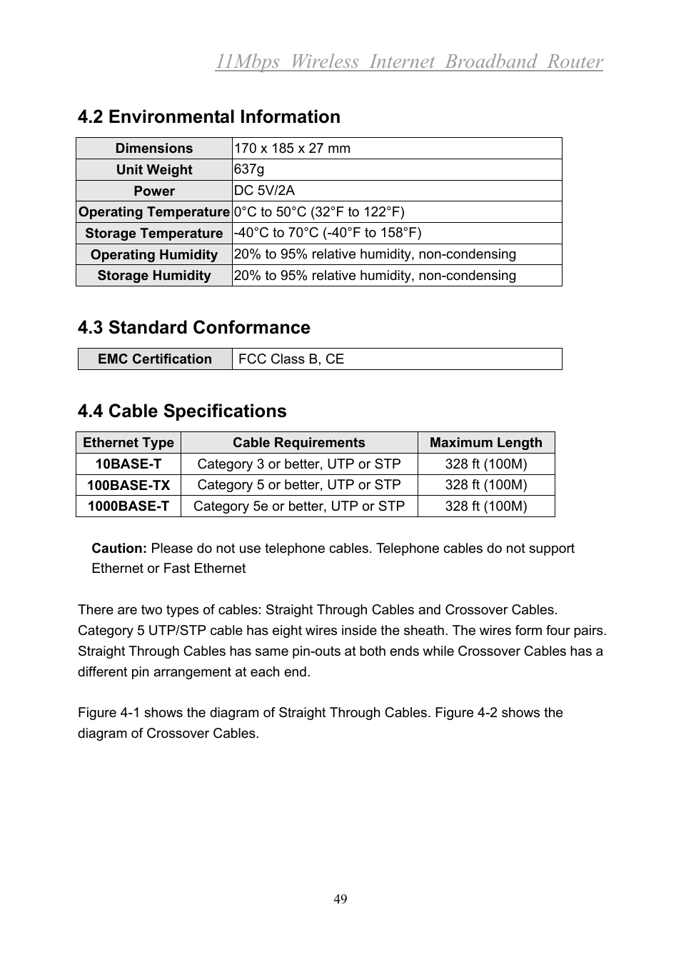 11mbps wireless internet broadband router, 2 environmental information, 3 standard conformance | 4 cable specifications | Xerox 2314 User Manual | Page 50 / 53