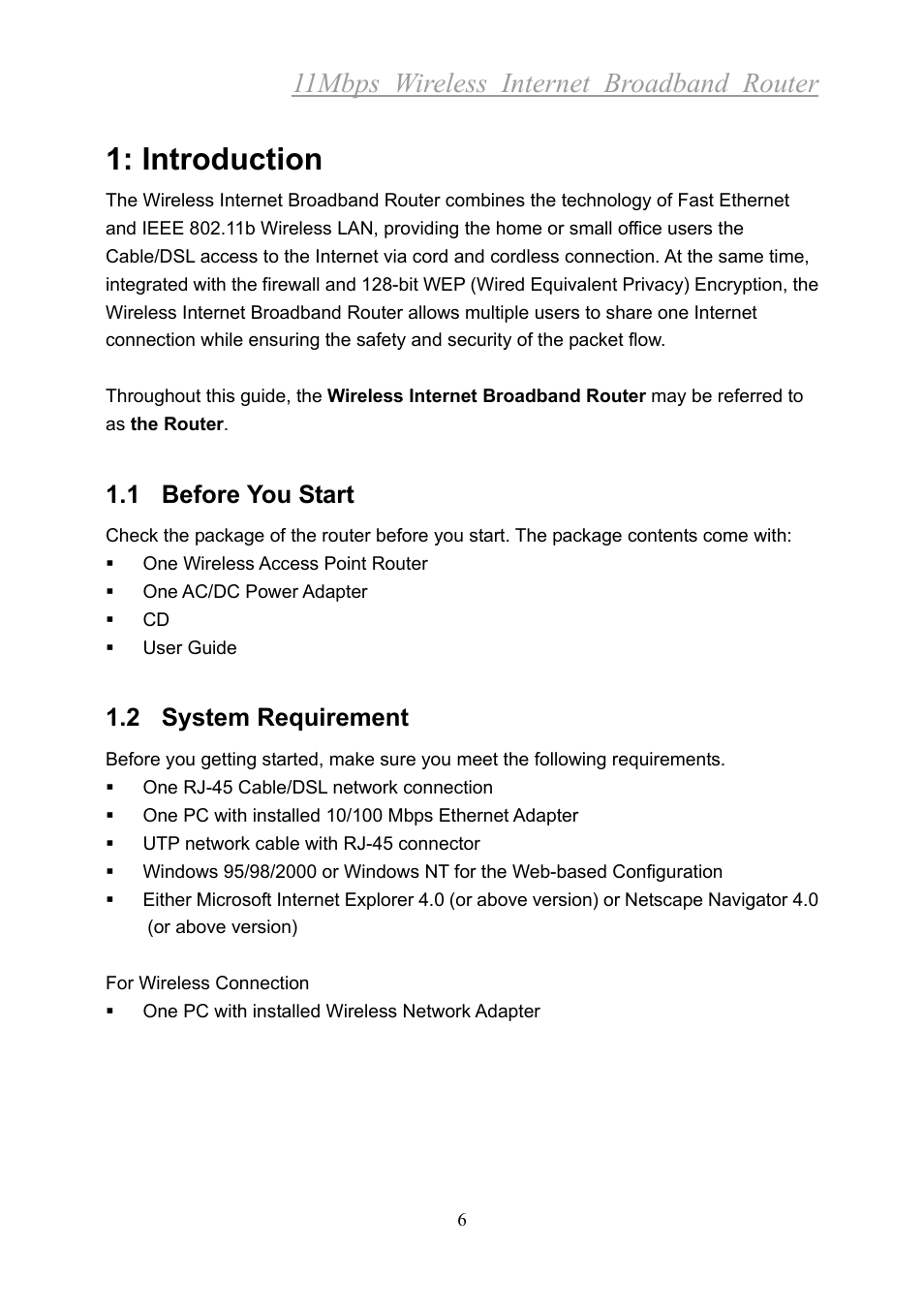 Introduction, 11mbps wireless internet broadband router, 1 before you start | 2 system requirement | Xerox 2314 User Manual | Page 7 / 53