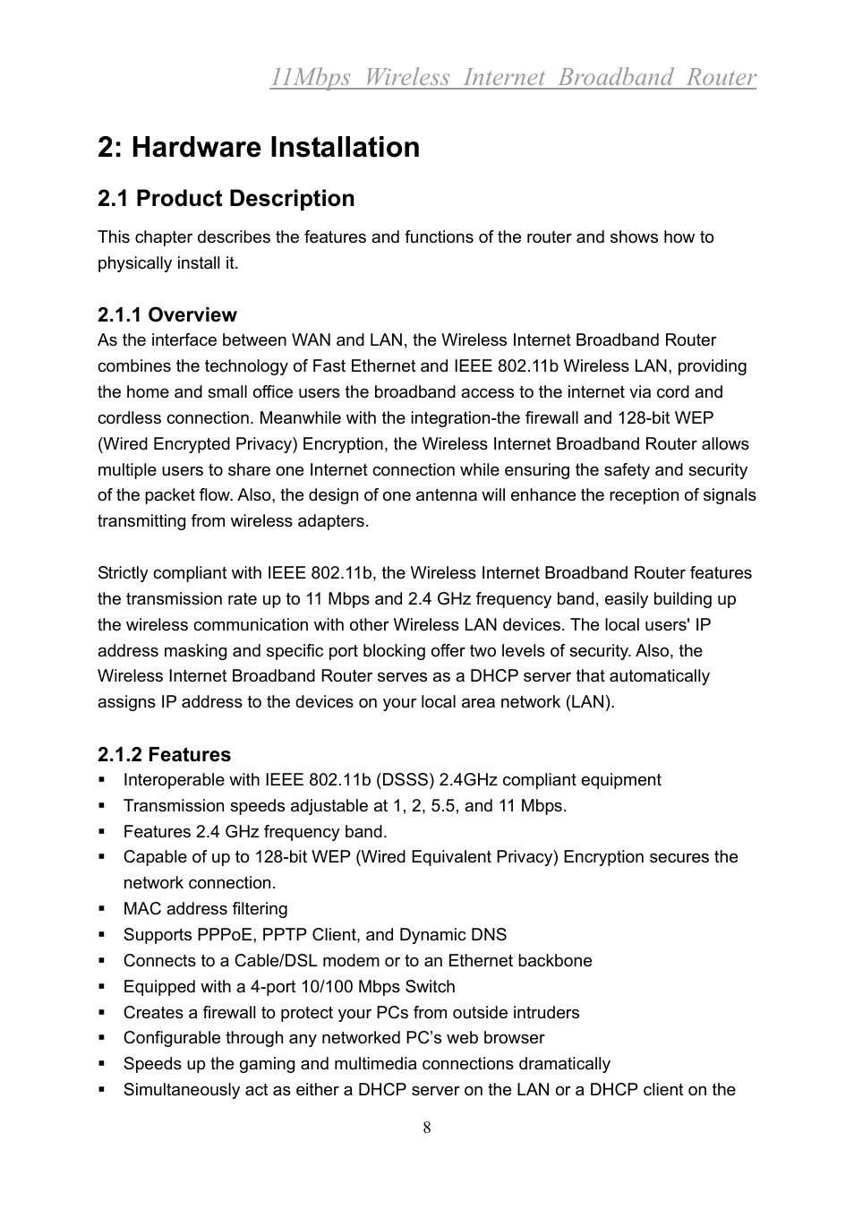 Hardware installation, 11mbps wireless internet broadband router, 1 product description | Xerox 2314 User Manual | Page 9 / 53