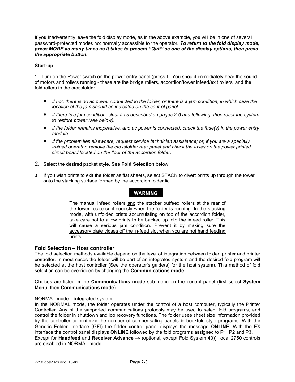 Start-up, Fold selection - host controller | Xerox 2750 User Manual | Page 16 / 43