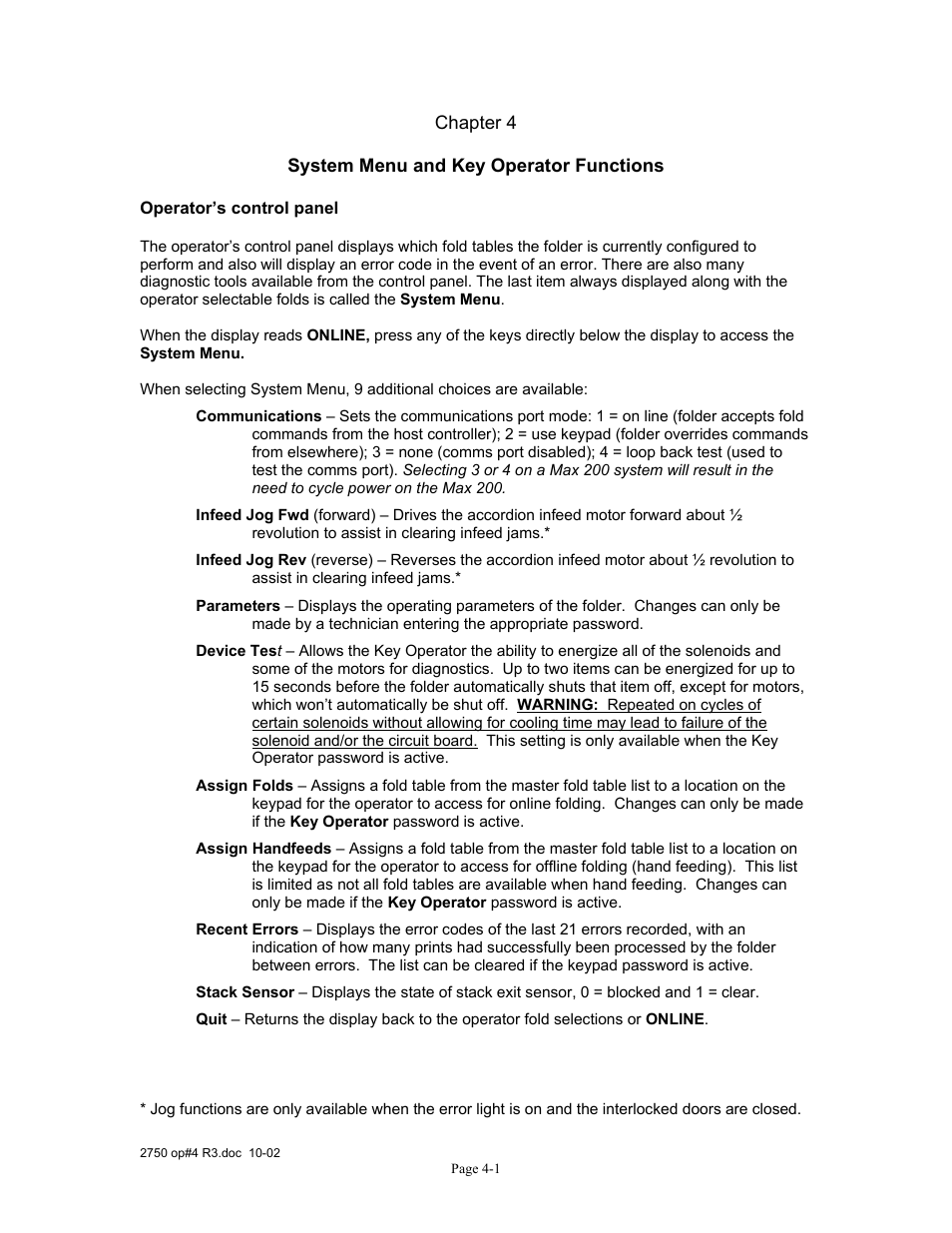 Chapter 4 - system menu and key operator functions, Operator's control panel, Chapter | System, Menu, And key operator functions | Xerox 2750 User Manual | Page 35 / 43