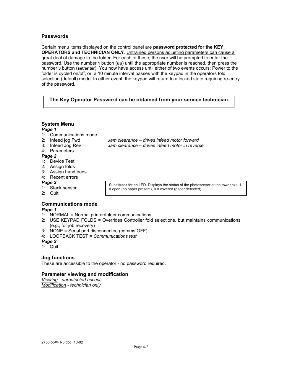Passwords, System menu, Communications mode | Jog functions, Parameter viewing and modification | Xerox 2750 User Manual | Page 36 / 43