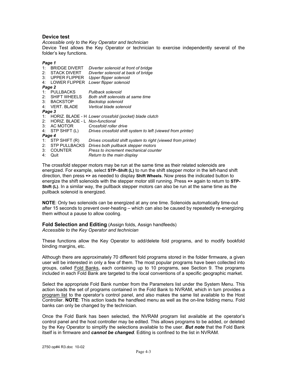 Device test, Fold selection and editing | Xerox 2750 User Manual | Page 37 / 43