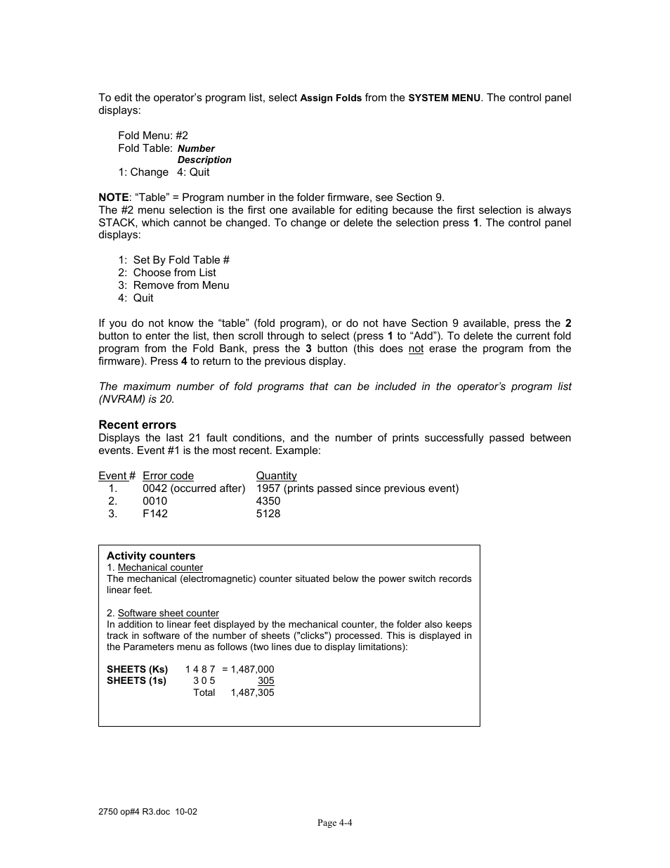 Recent errors, Activity counters | Xerox 2750 User Manual | Page 38 / 43