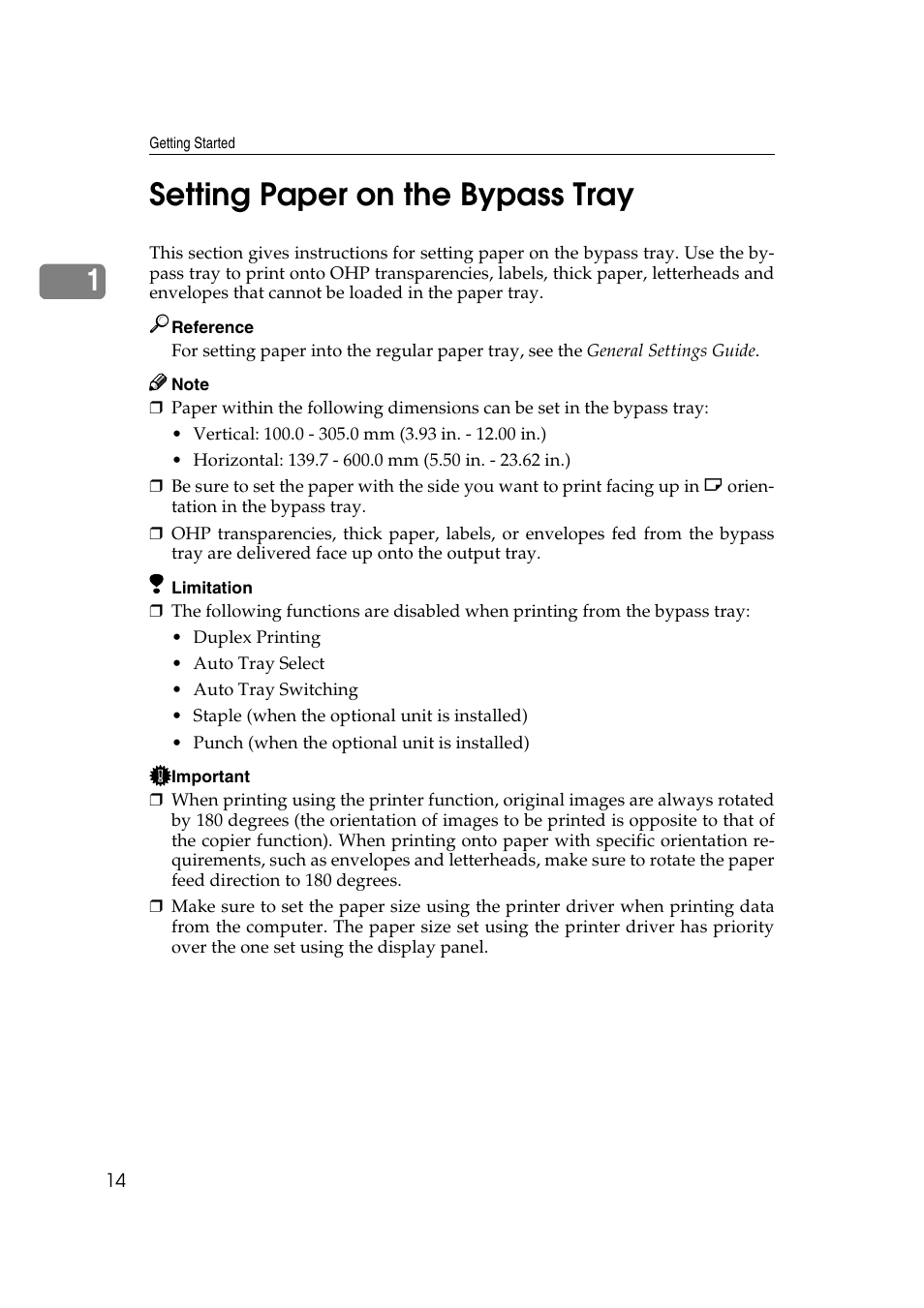 Setting paper on the bypass tray, 1setting paper on the bypass tray | Xerox 1075 User Manual | Page 20 / 64