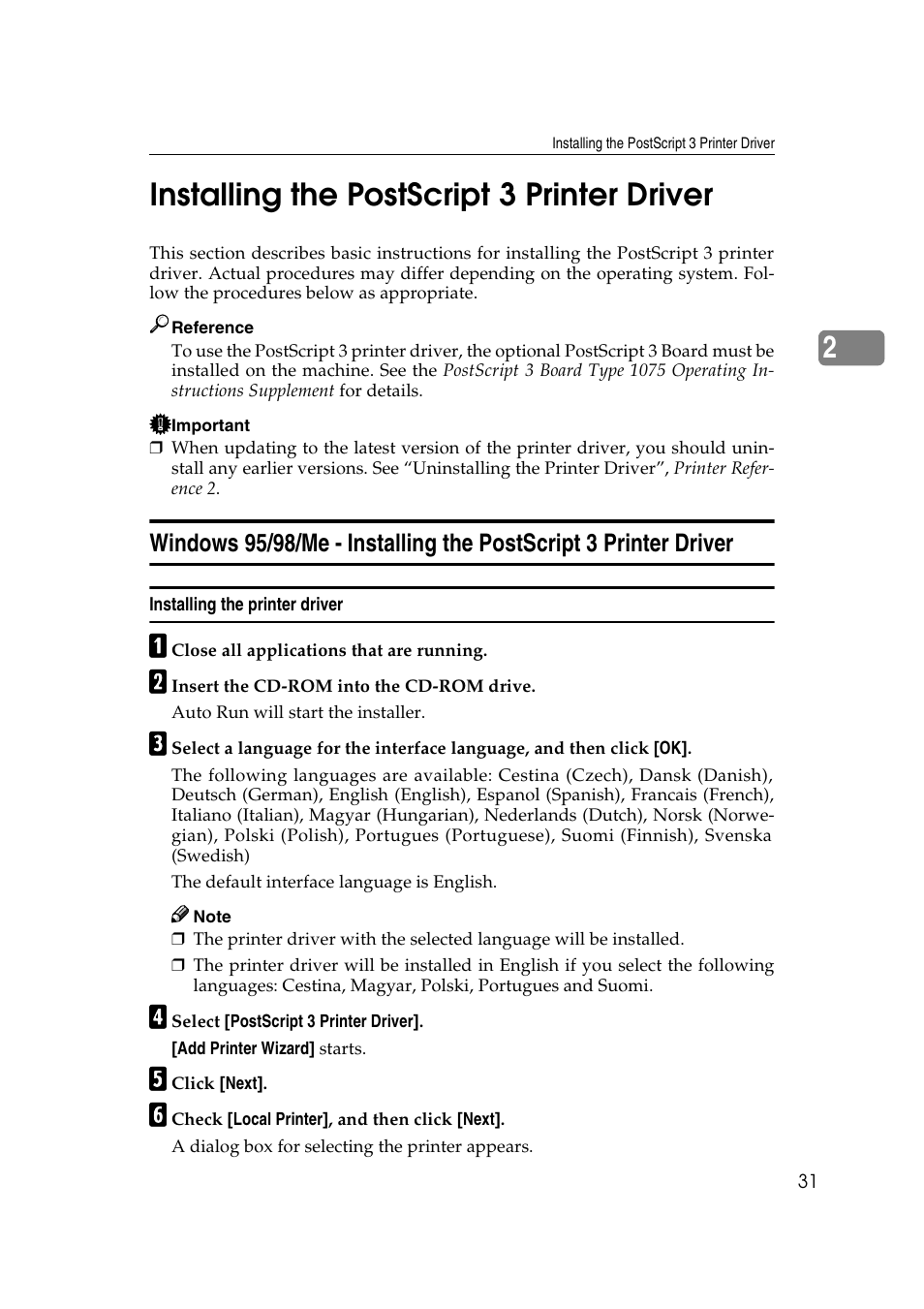 Installing the postscript 3 printer driver, P.31 “installing the postscript 3 printer driver, 2installing the postscript 3 printer driver | Xerox 1075 User Manual | Page 37 / 64