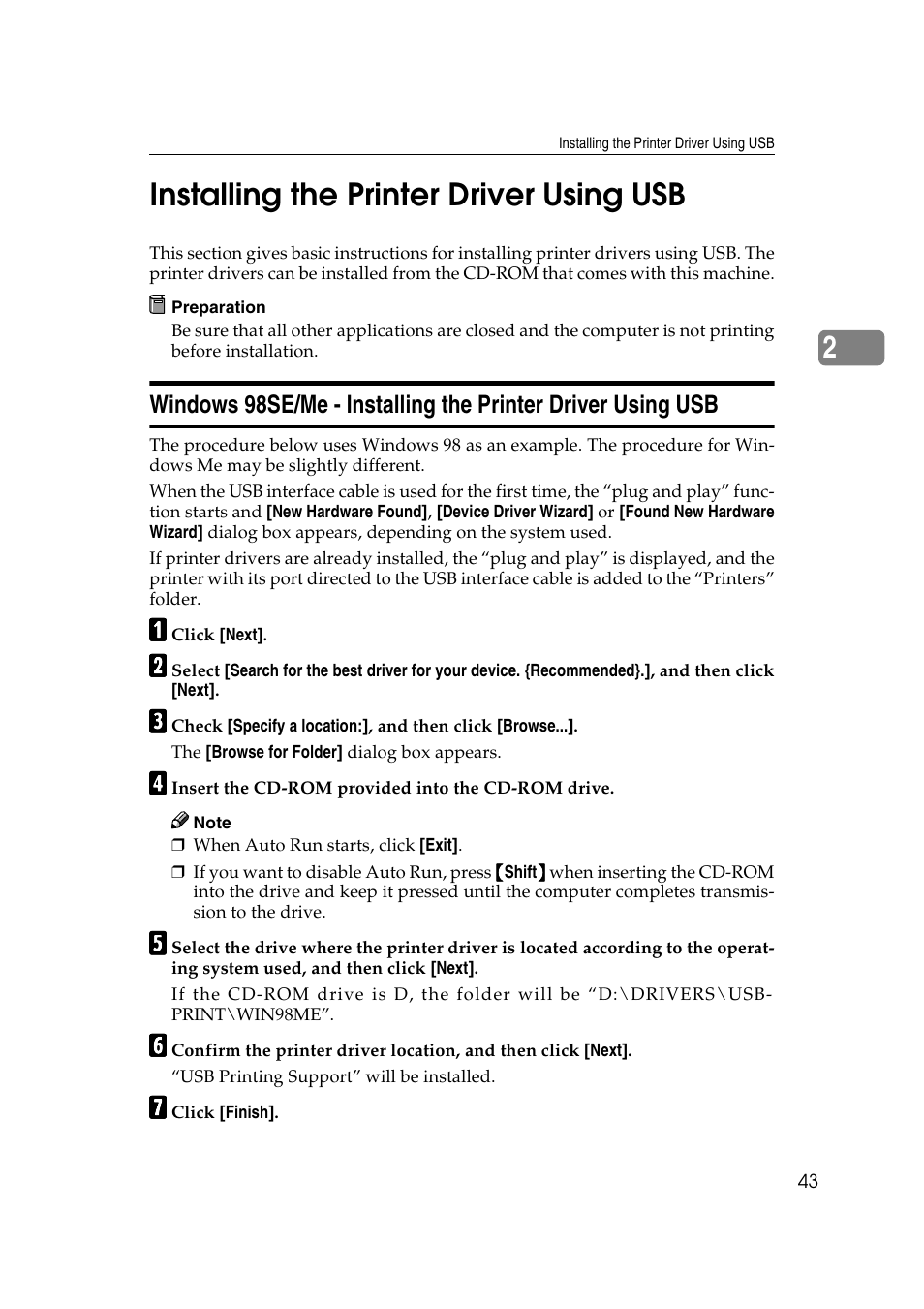 Installing the printer driver using usb, P.43 “installing the printer driver using usb, E p.43 “installing the printer driver using usb | 2installing the printer driver using usb | Xerox 1075 User Manual | Page 49 / 64