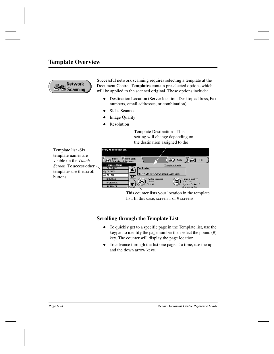 Template overview, Scrolling through the template list | Xerox 470 User Manual | Page 106 / 326