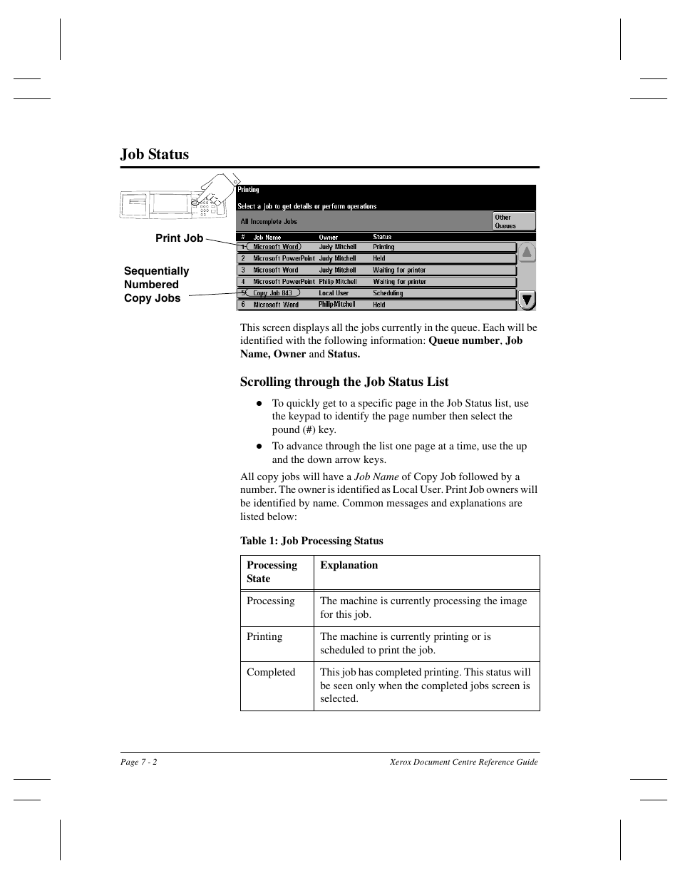 Job status | Xerox 470 User Manual | Page 120 / 326