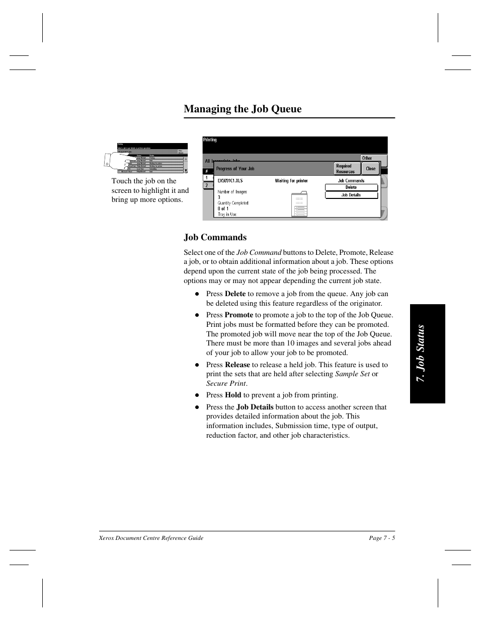 Jo b sta tus managing the job queue | Xerox 470 User Manual | Page 123 / 326