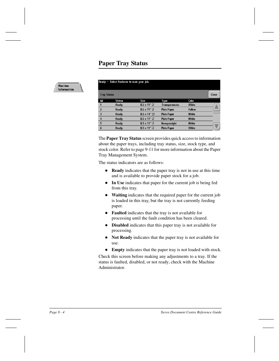 Paper tray status | Xerox 470 User Manual | Page 128 / 326