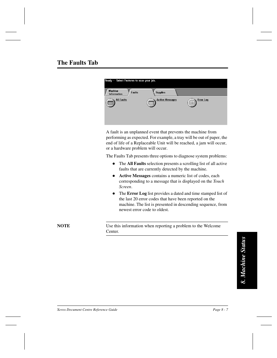 Ma chi n e st atus the faults tab | Xerox 470 User Manual | Page 131 / 326