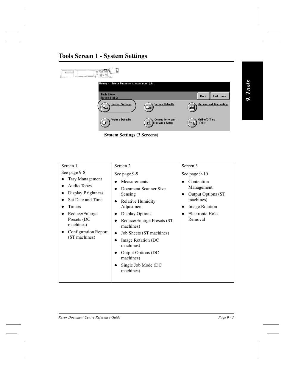 T ool s tools screen 1 - system settings | Xerox 470 User Manual | Page 135 / 326