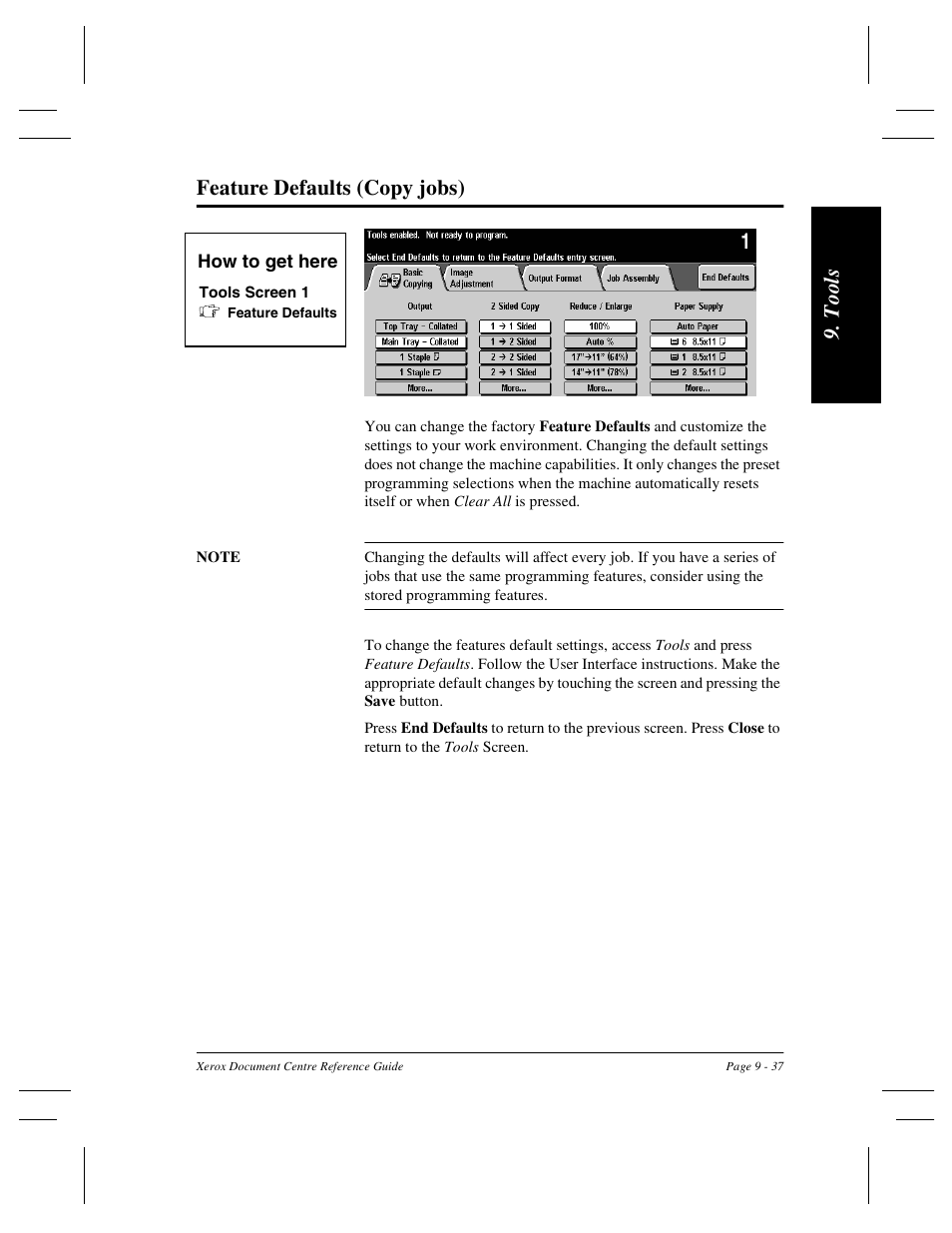 T ool s feature defaults (copy jobs) | Xerox 470 User Manual | Page 169 / 326