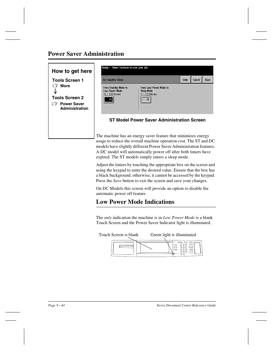 Power saver administration, Low power mode indications | Xerox 470 User Manual | Page 176 / 326