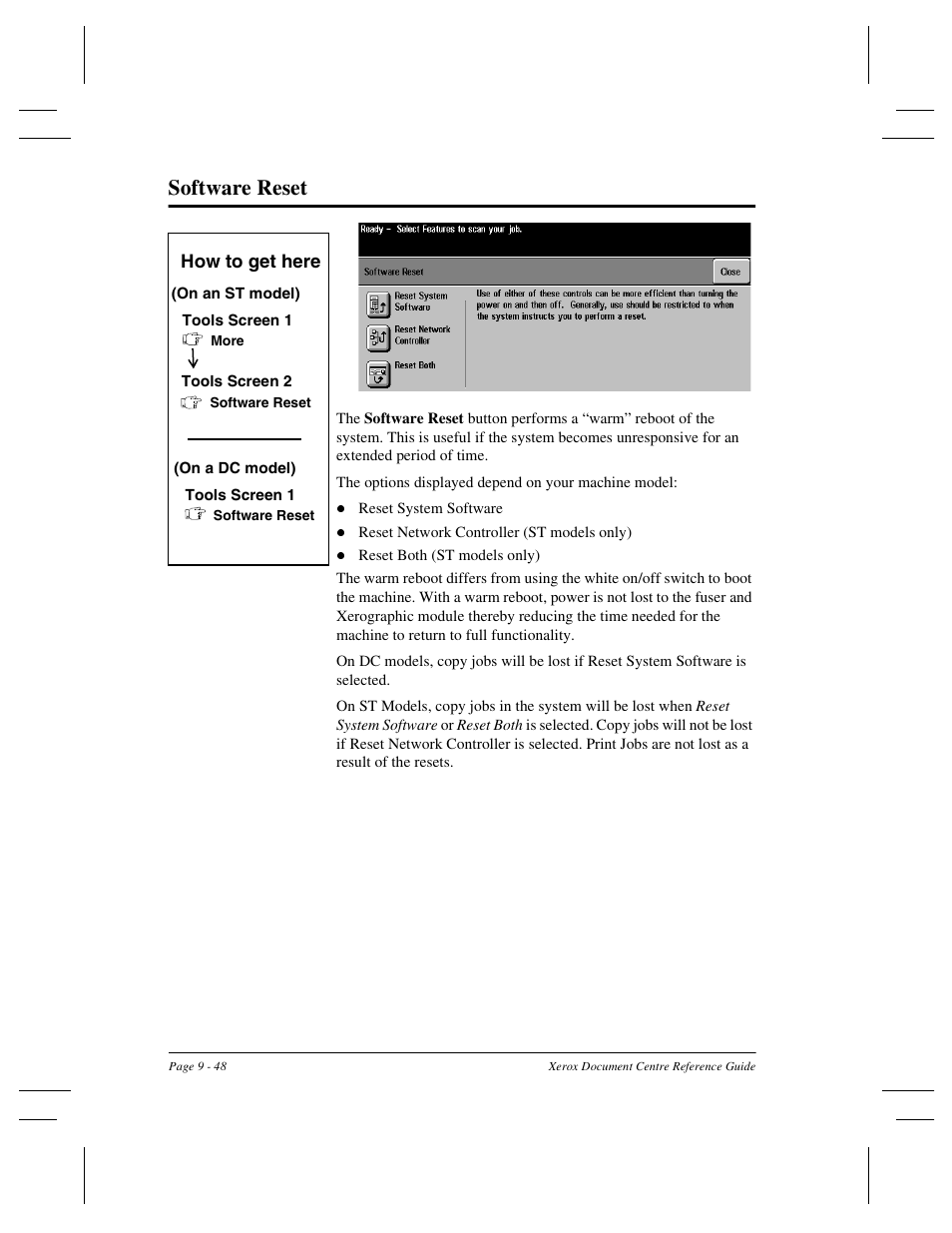 Software reset | Xerox 470 User Manual | Page 180 / 326