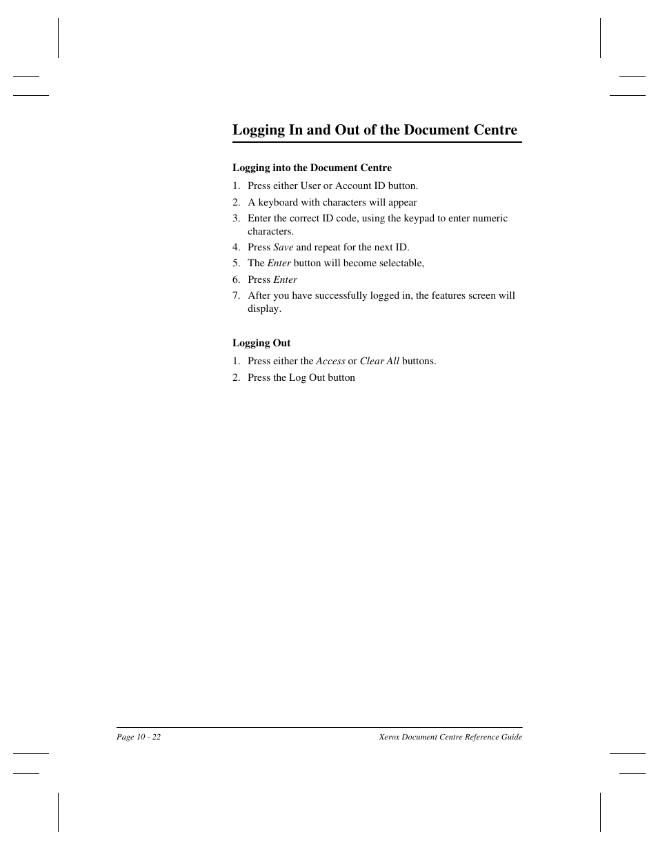 Logging in and out of the document centre | Xerox 470 User Manual | Page 212 / 326