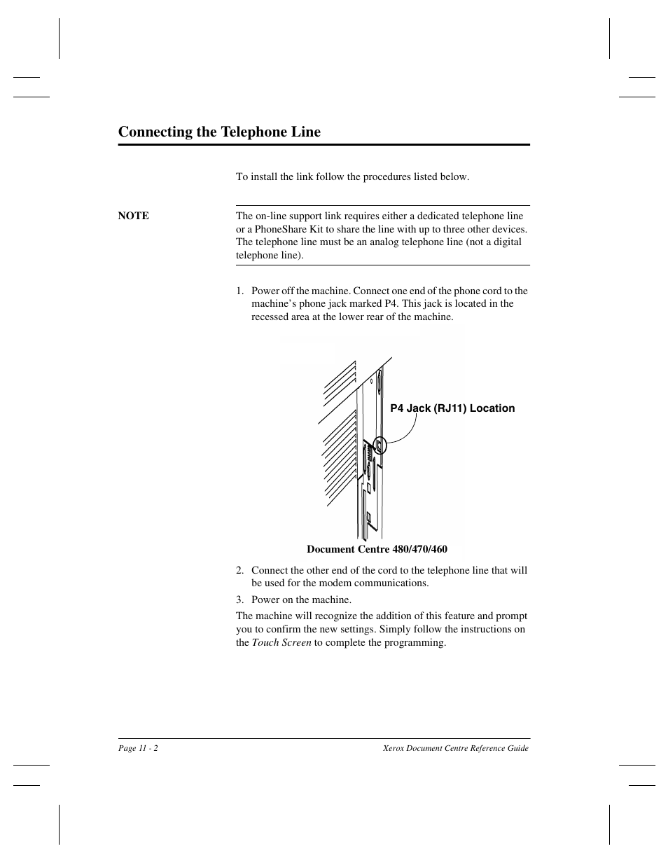 Connecting the telephone line | Xerox 470 User Manual | Page 218 / 326