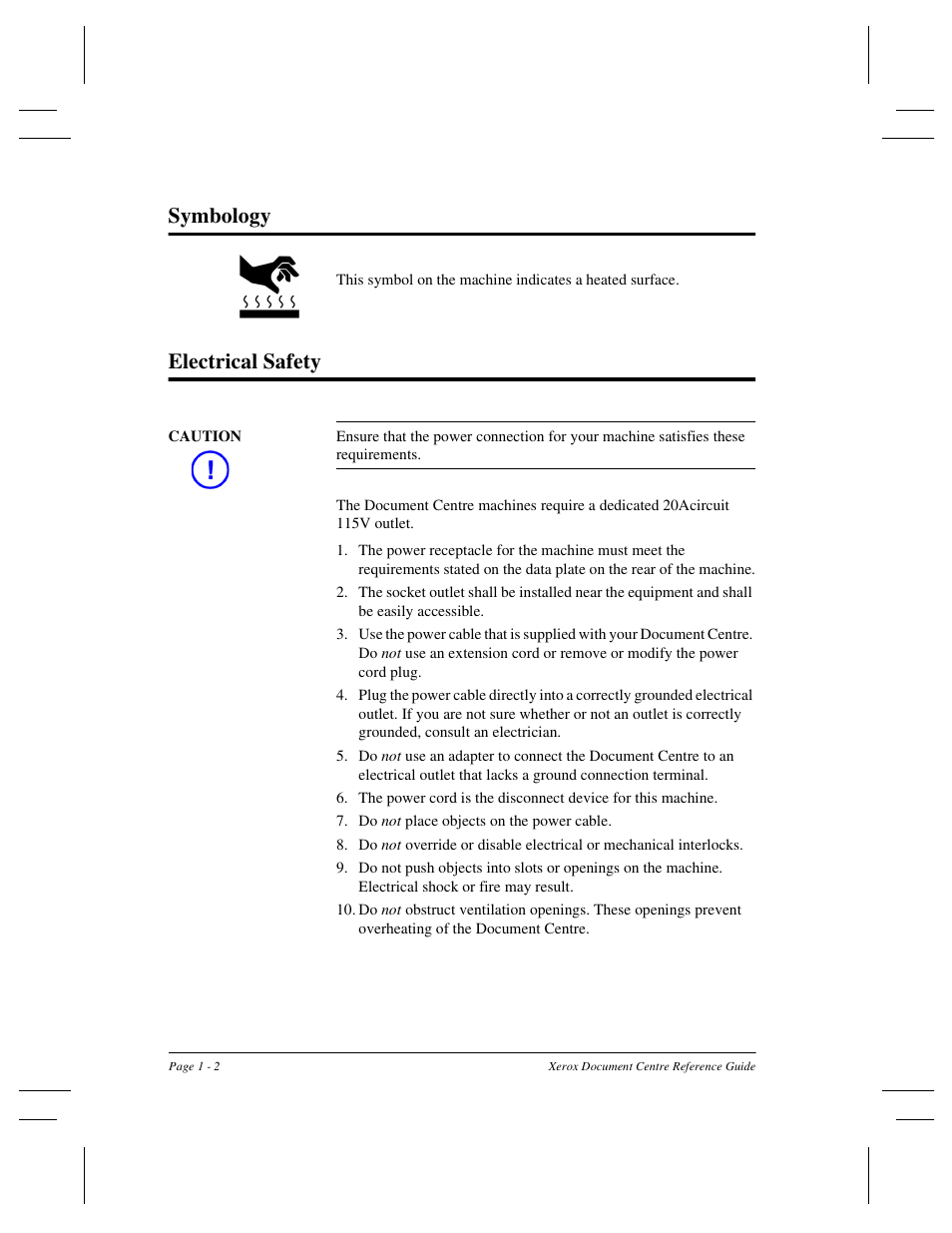 Symbology, Electrical safety | Xerox 470 User Manual | Page 22 / 326