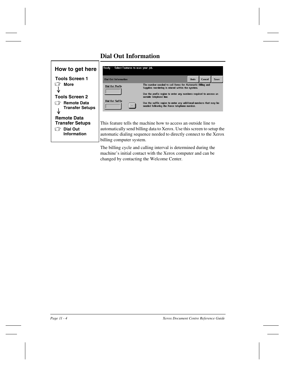 Dial out information | Xerox 470 User Manual | Page 220 / 326